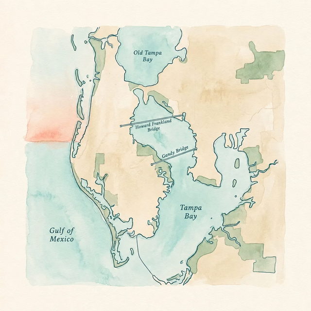 Watercolor map of the St. Petersburg to Tampa Bay region, hand-rendered in cream, teal, and sage.