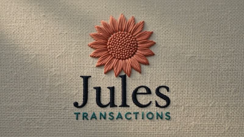 The Jules Transactions sunflower and wordmark embroidered in coral and navy thread on linen.